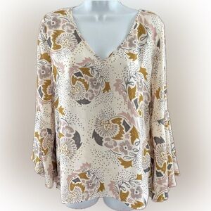 KENAR Floral V-Neck Bell Sleeves Blouse XL